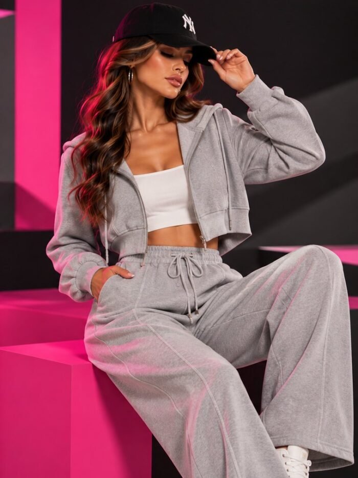 Grey marl zip-through hoodie with matching wide-leg sweatpants